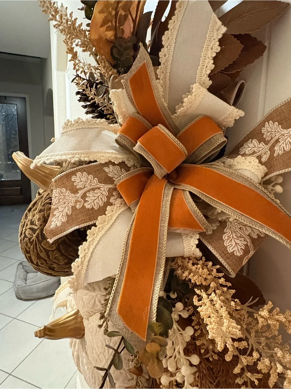 Velvet Pumpkins Fall Wreath, Gold Stems, Lace Ribbon, Luxe Autumn Door Decor